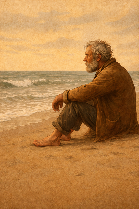 Figure of elderly man gazing at the ocean